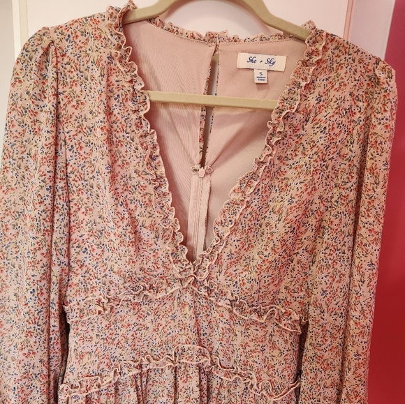 Blush Pink Mini-Dress Ditsy Floral Flowy Small She and Sky - Picture 4 of 12